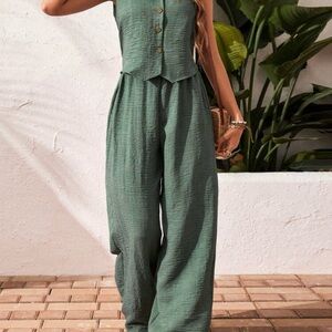 NEW - Sage Green Wide-Leg‎ Jumpsuit with V-Neck and Defined Waist